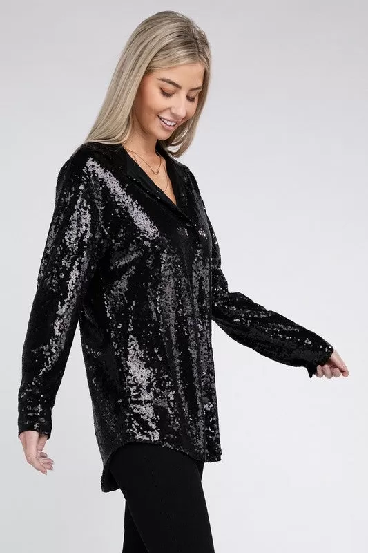 Midnight Disco Sequin Collared Button Up Long Sleeve Shirt