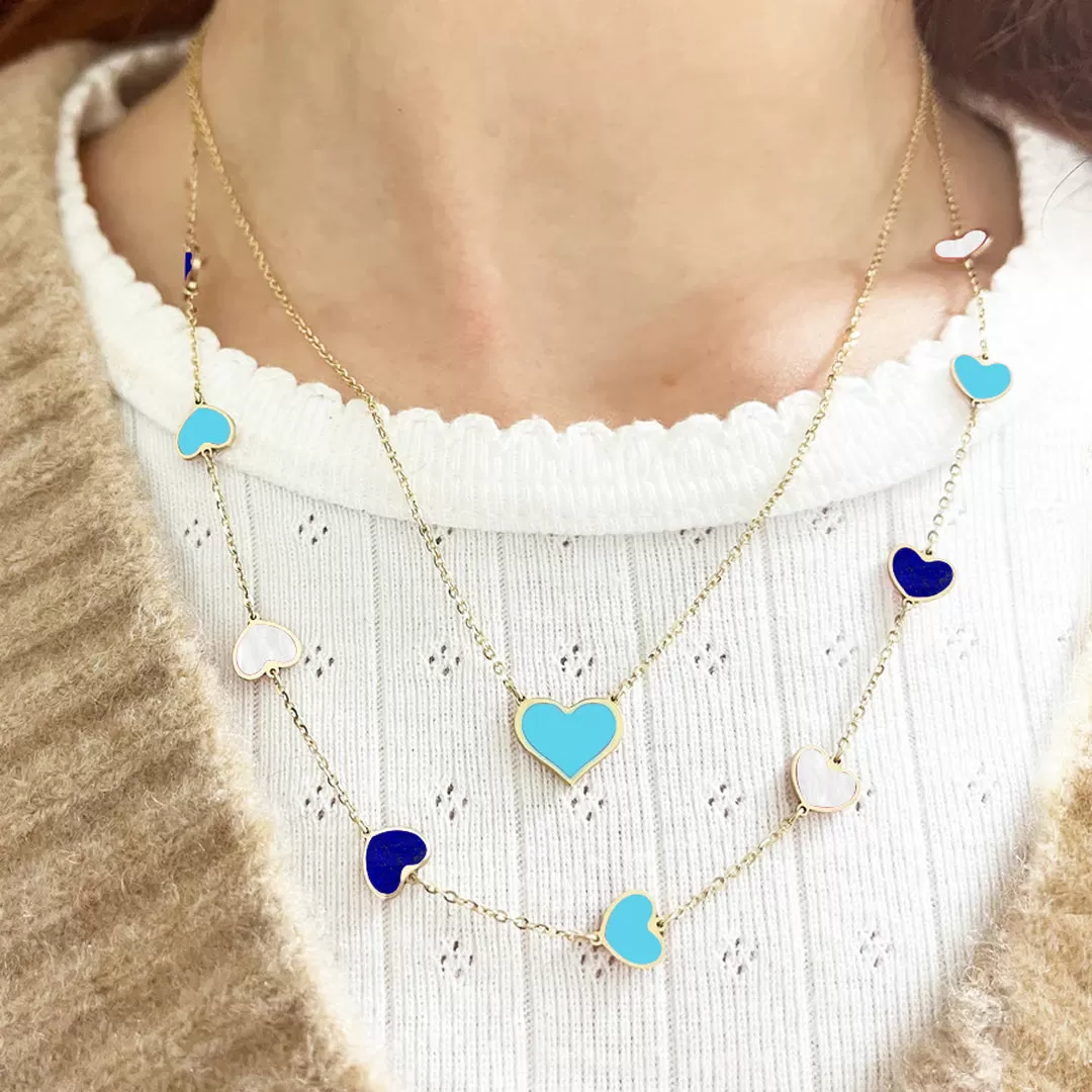 Mixed Blue Heart Station Necklace