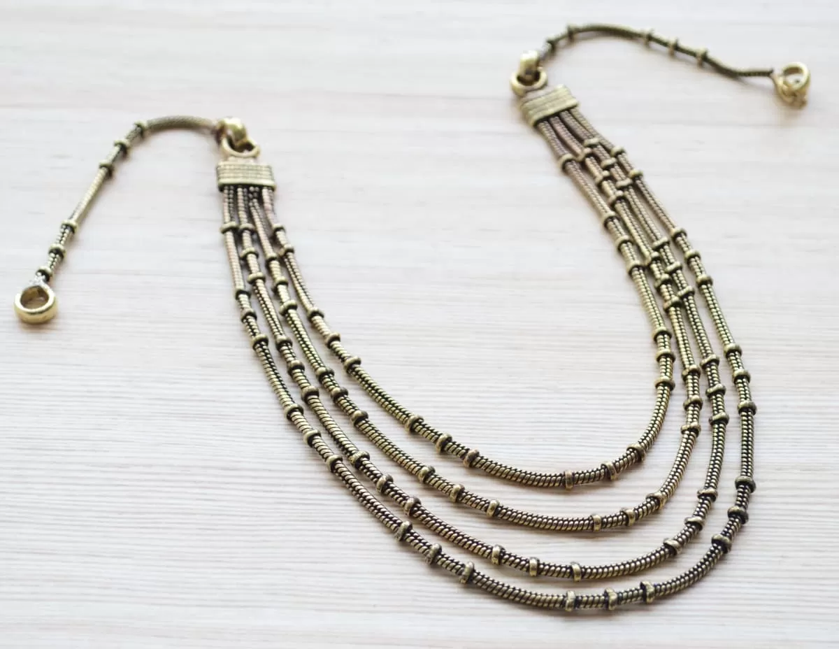 Multi Strand Gold Necklace, simple Layered antique gold long necklace, minimalist statement Indian jewelry, bollywood jewelry