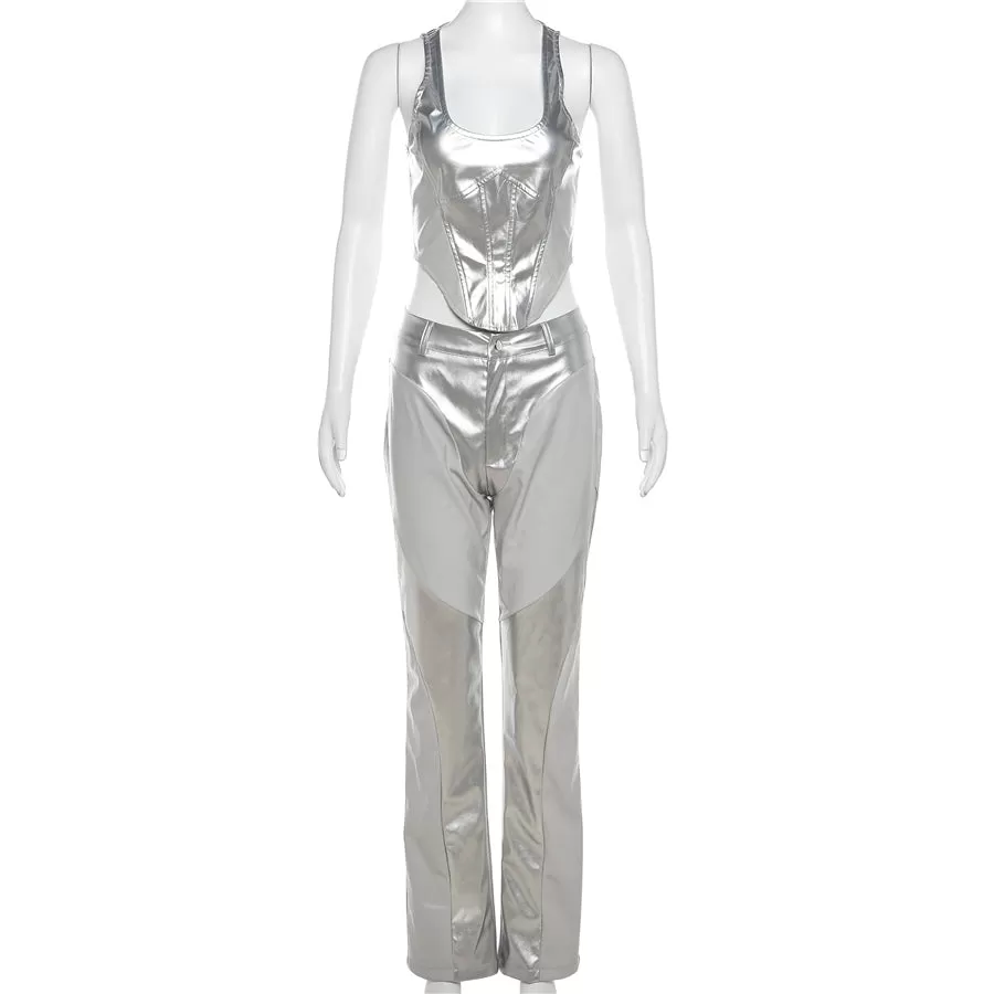 New Arrivals PU Silver 2 Piece Set Women Corset Tops  Pants Women's Sets Leather 2 Piece Set Women