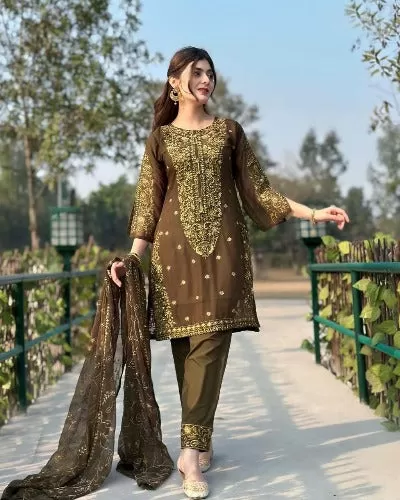 Olive Green Designer Sequence Georgette Straight Suit Set