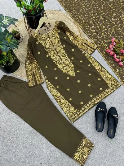 Olive Green Designer Sequence Georgette Straight Suit Set