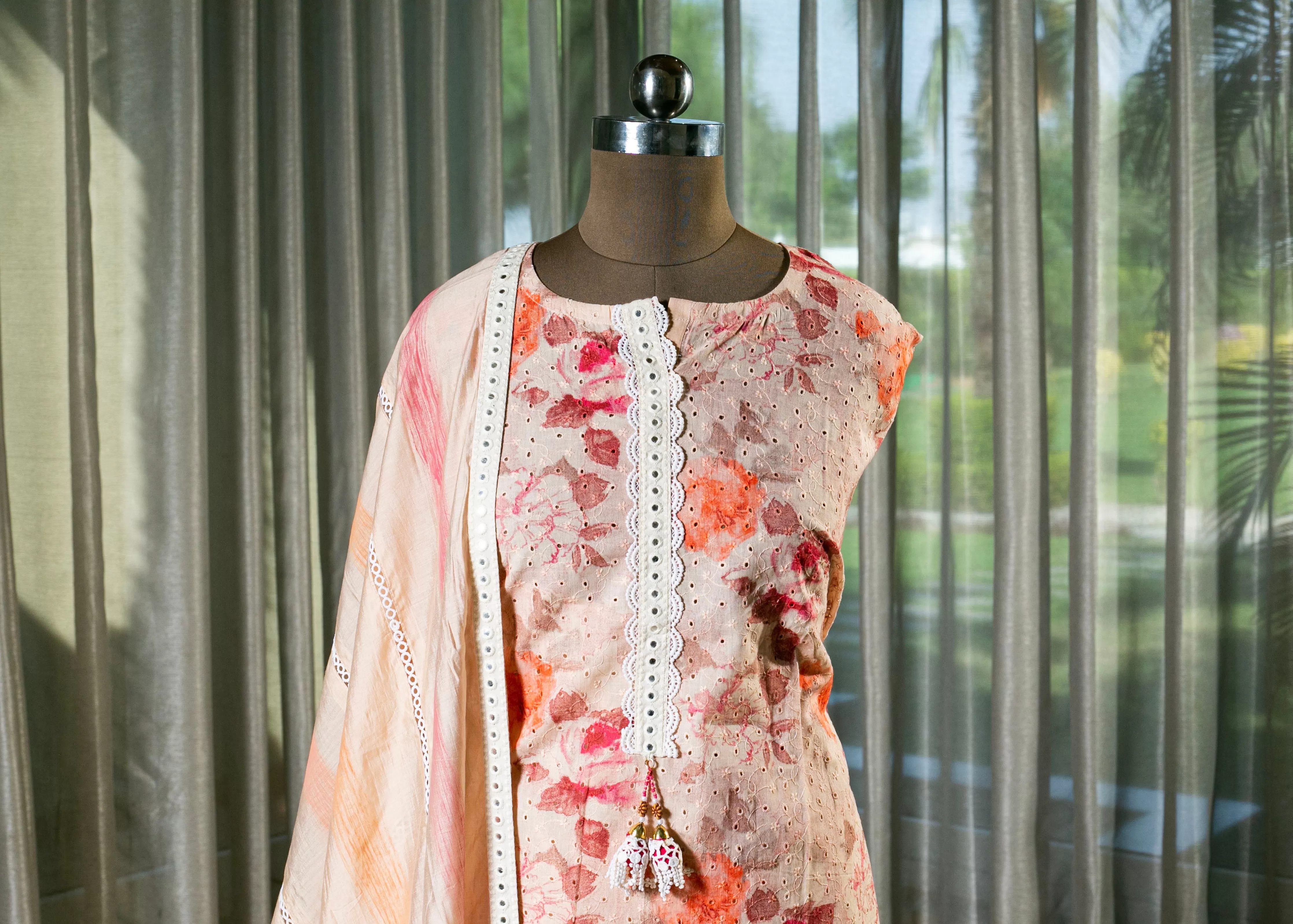 Peach Floral Cotton Suit with Lace Work