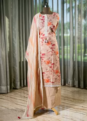 Peach Floral Cotton Suit with Lace Work