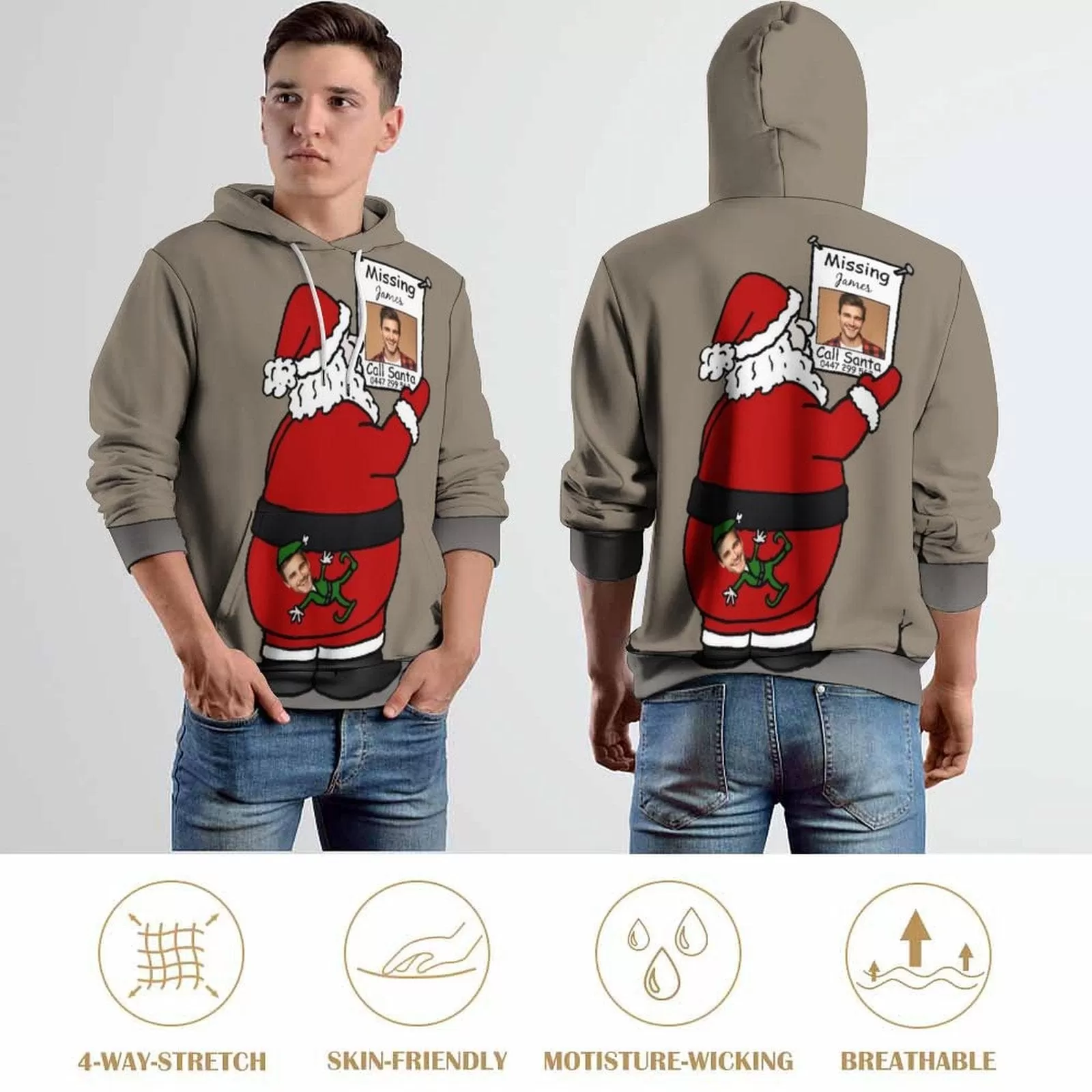 Personalised Funny Hoodies Custom Face Call Santa Hoodie Unisex Large Size DesignYourOwnHoodie Personalized Loose Hoodie Top Outfits