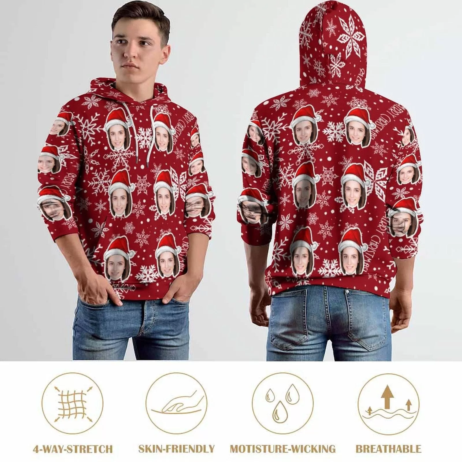 Personalised Hoodies Custom Face Christmas Snowflake Hoodie Unisex Large Size DesignYourOwnHoodie Personalized Loose Hoodie Top Outfits