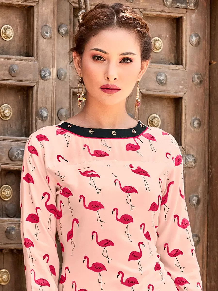 Pink Colored Flamingo Print Round Neck Kurti