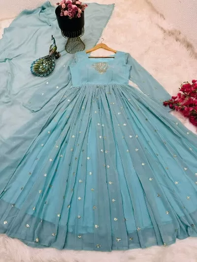 Powder Blue Georgette Embroidered Anarkali Gown With Dupatta