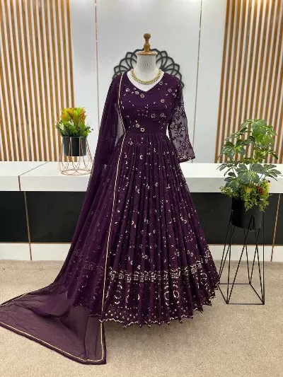 Purple Georgette Heavy Embroidered Designer Anarkali Gown Set