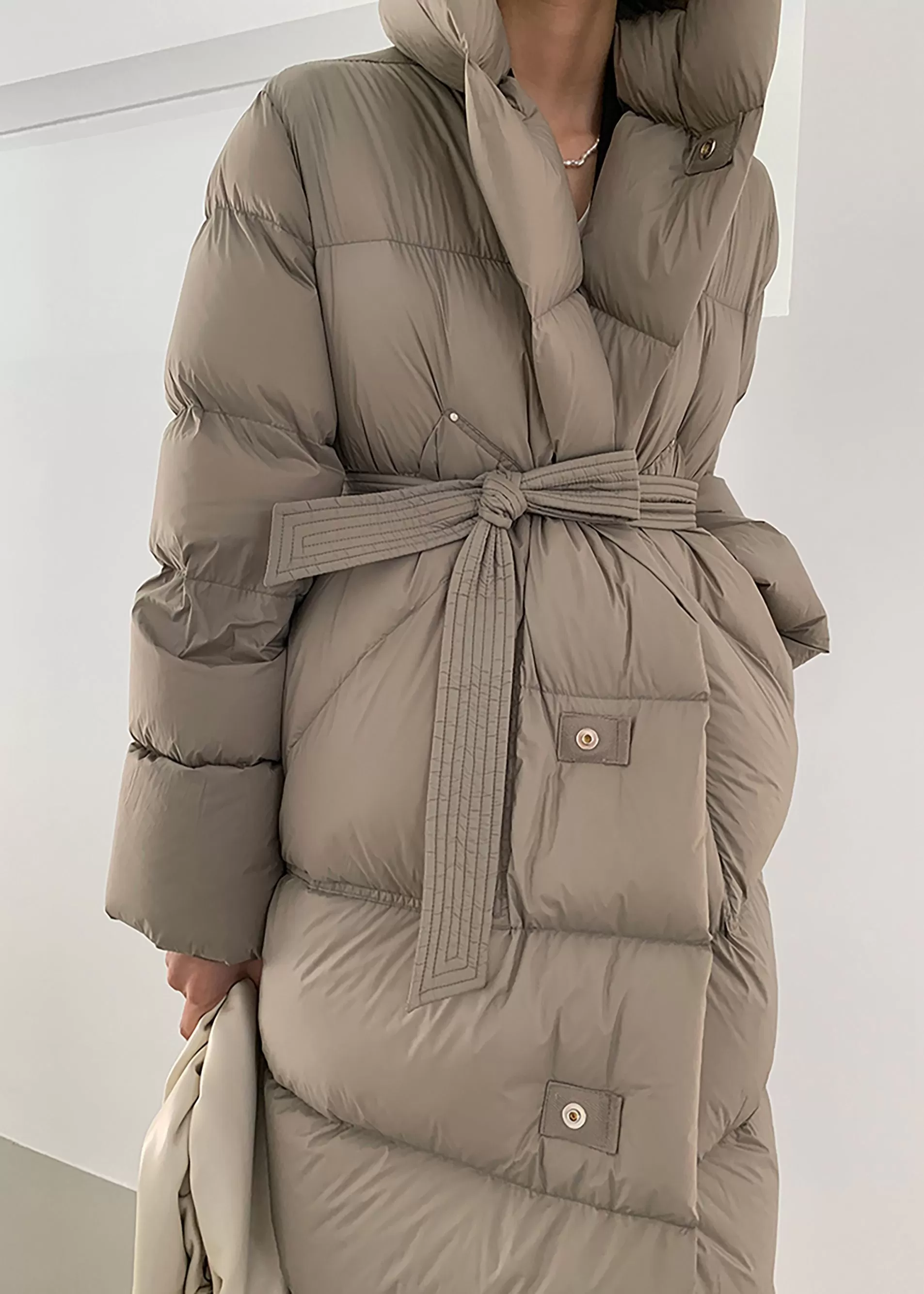 Queenie Long Belted Hooded Goose Down Coat