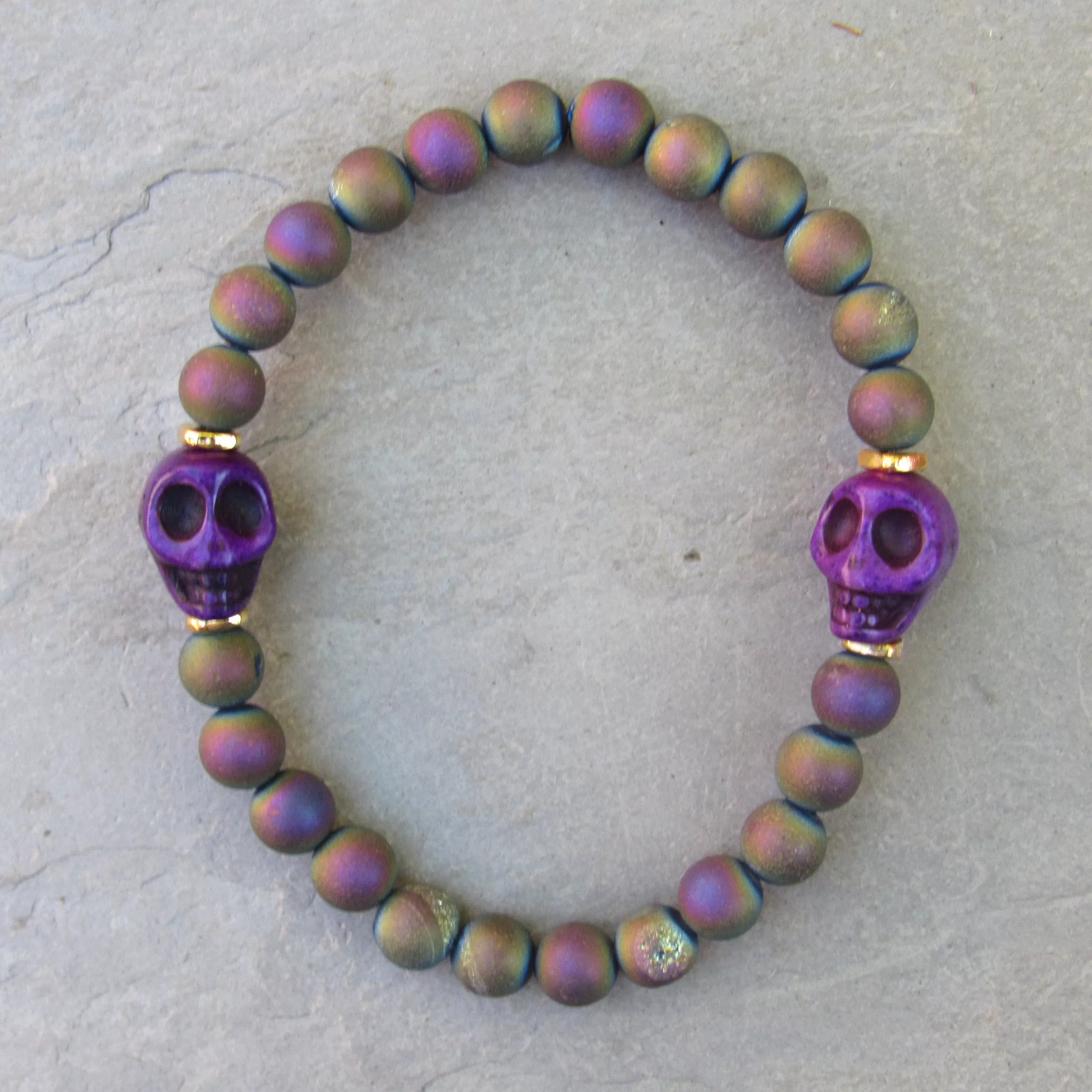 Rainbow Druzy Agate gemstones, Howlite Skulls, 24 Kt Gold Vermeil over Sterling Silver Women’s Stretch Bracelet