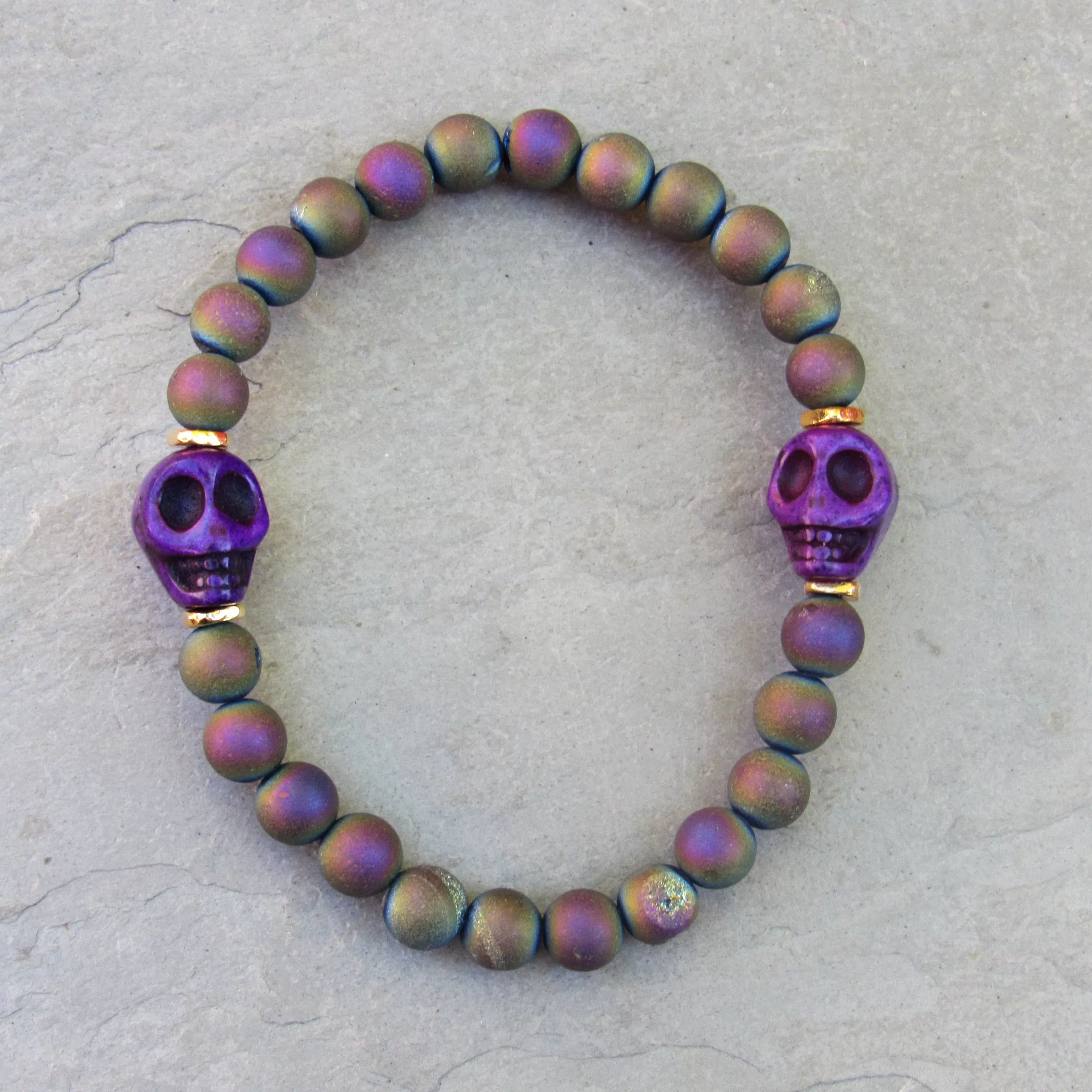 Rainbow Druzy Agate gemstones, Howlite Skulls, 24 Kt Gold Vermeil over Sterling Silver Women’s Stretch Bracelet