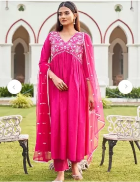 Rani Pink Ethnic Cotton Embroidery Salwar Suit Set