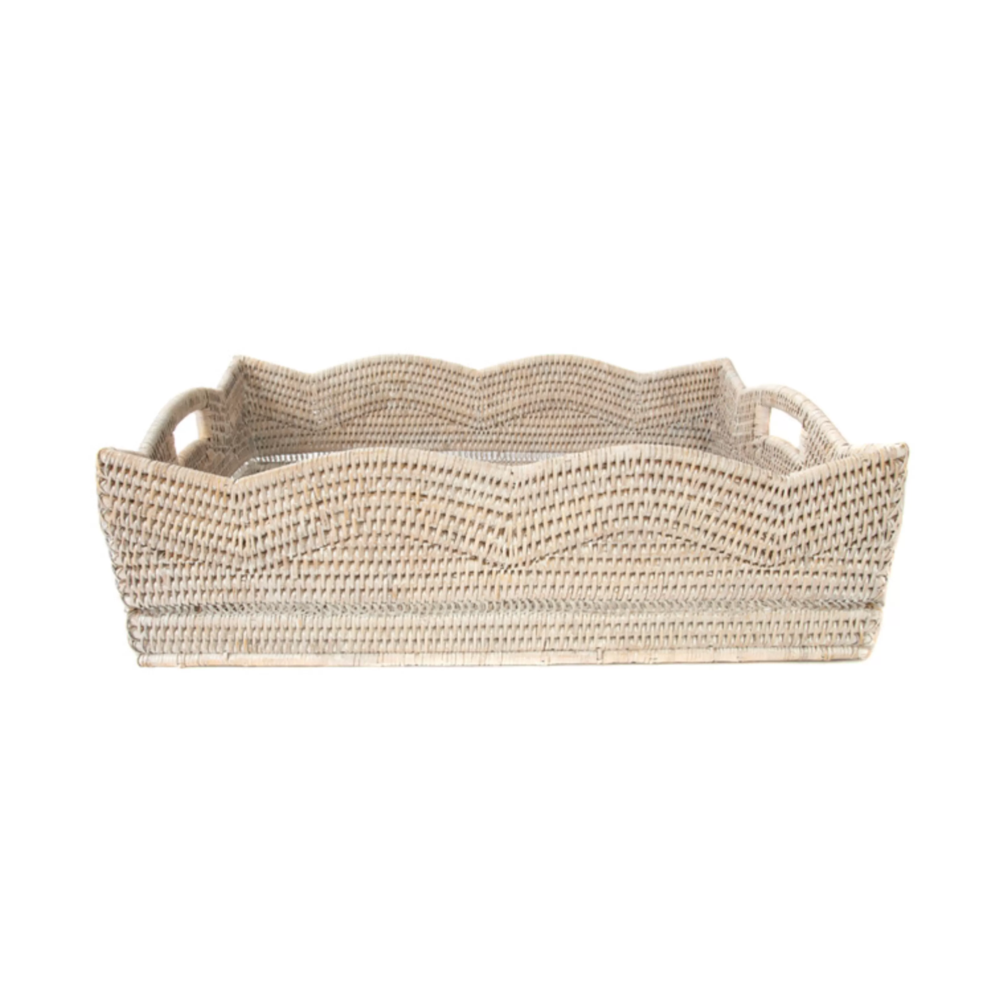 Rattan Scalloped Rectangular Tray 16x10x6, White Wash