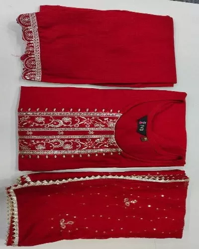 Red Rayon Suit Set With Chanderi Dupatta