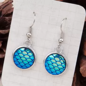 Resin Mermaid Dragon Scale Beach Earrings Silver Tone Blue AB Color Round 1 3/8 x 5/8, Wire Size: 21 gauge