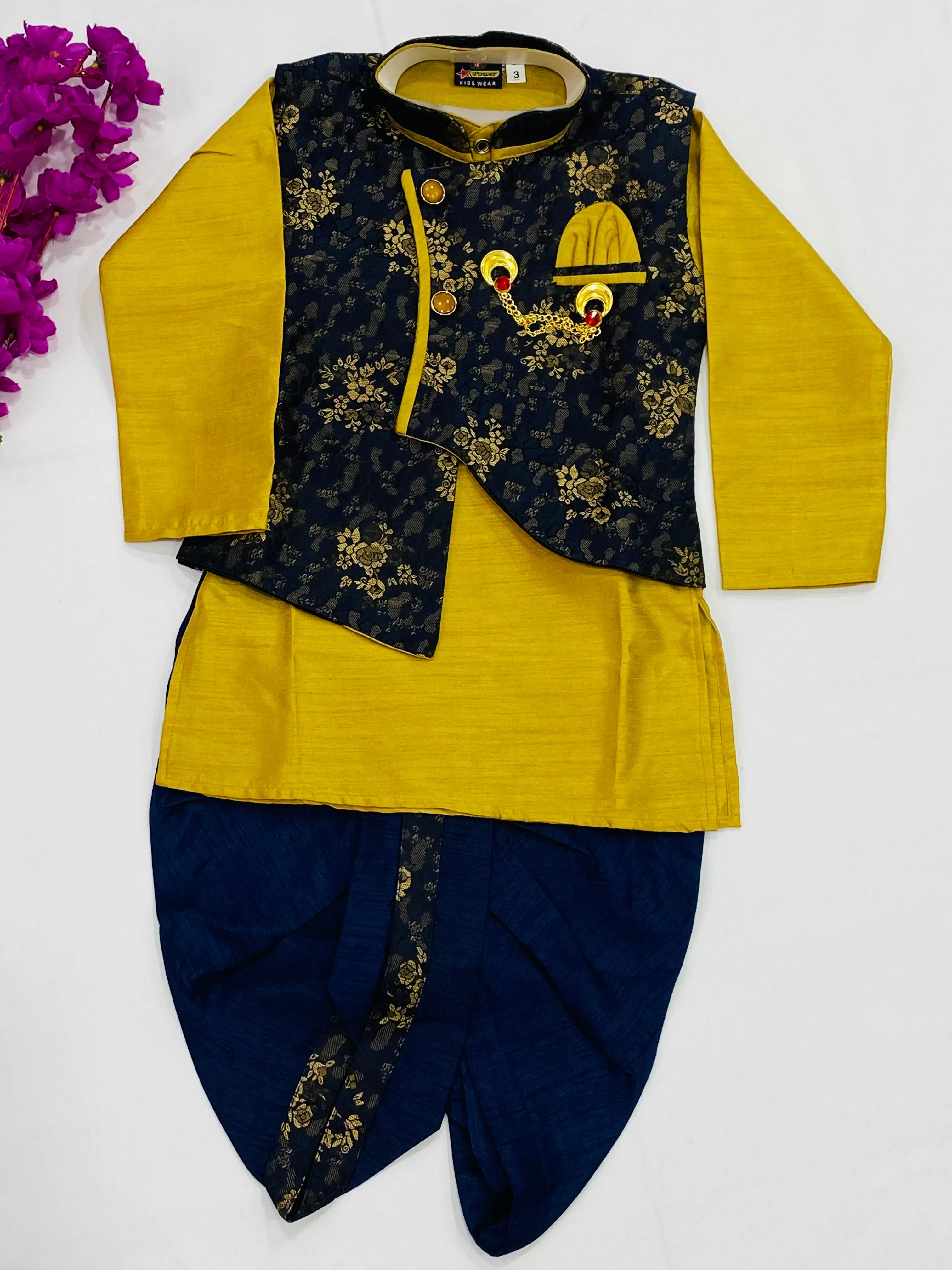 Royal Boys Silk Cotton Kurta Pajama Pant And Blue Dhoti Style Pant