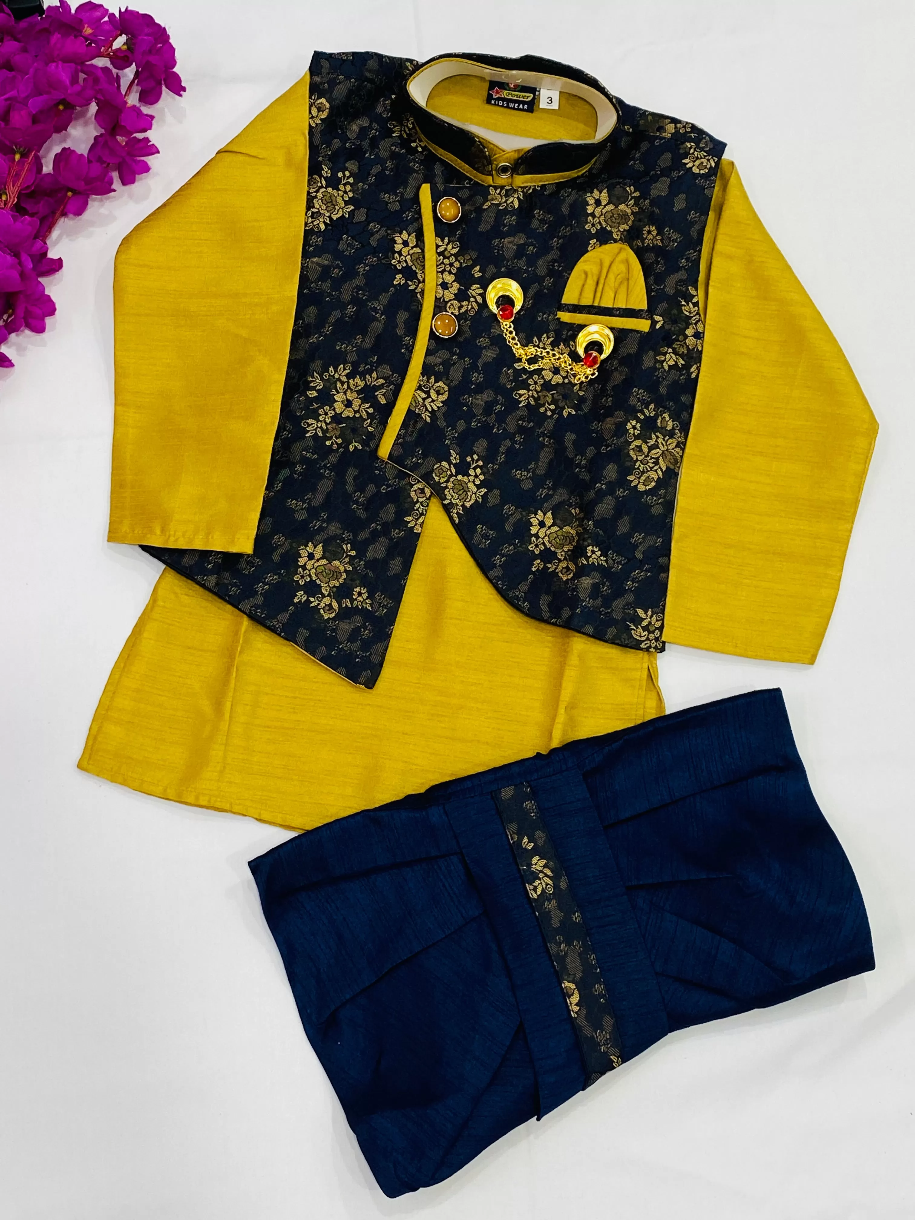 Royal Boys Silk Cotton Kurta Pajama Pant And Blue Dhoti Style Pant