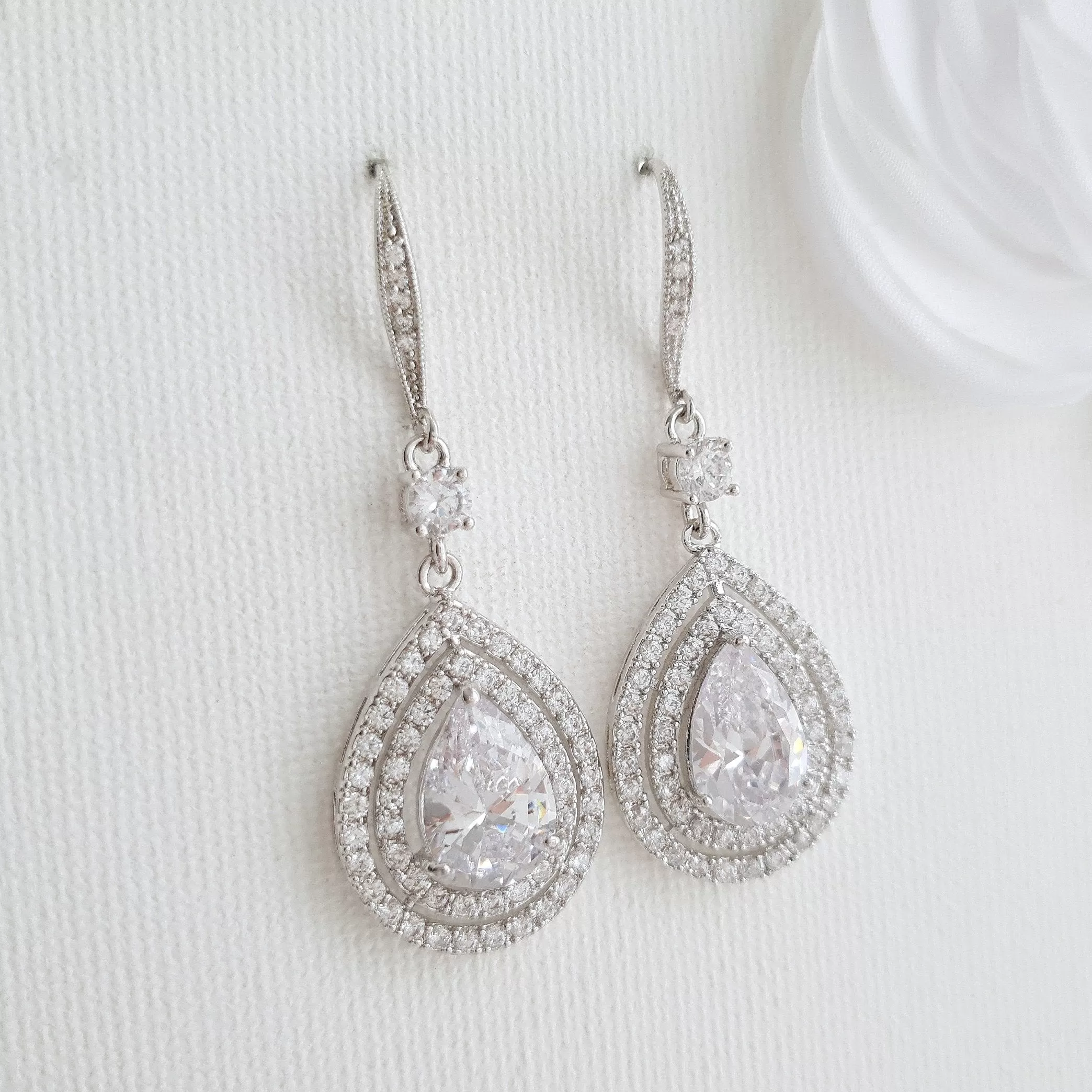 Silver Ear Hook Dangle Earrings for Weddings in CZ Crystal-Joni