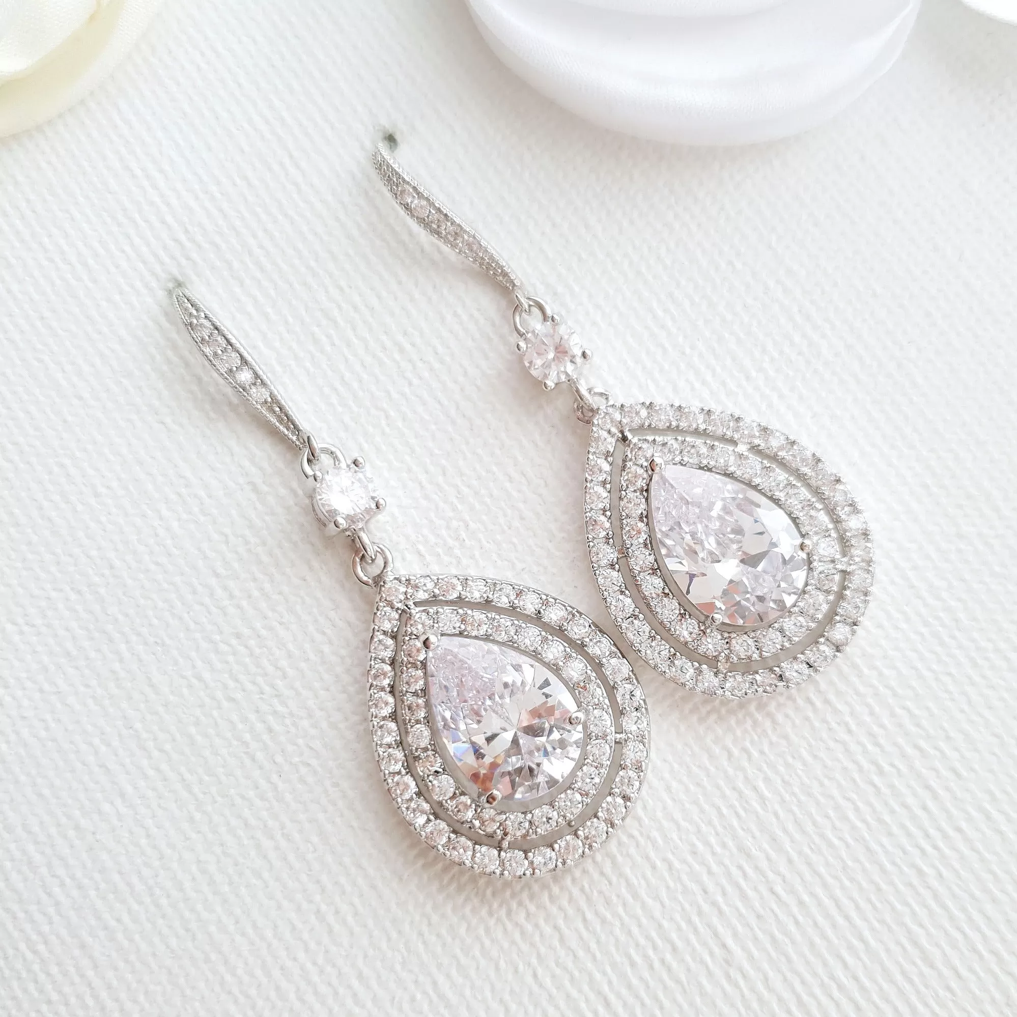 Silver Ear Hook Dangle Earrings for Weddings in CZ Crystal-Joni