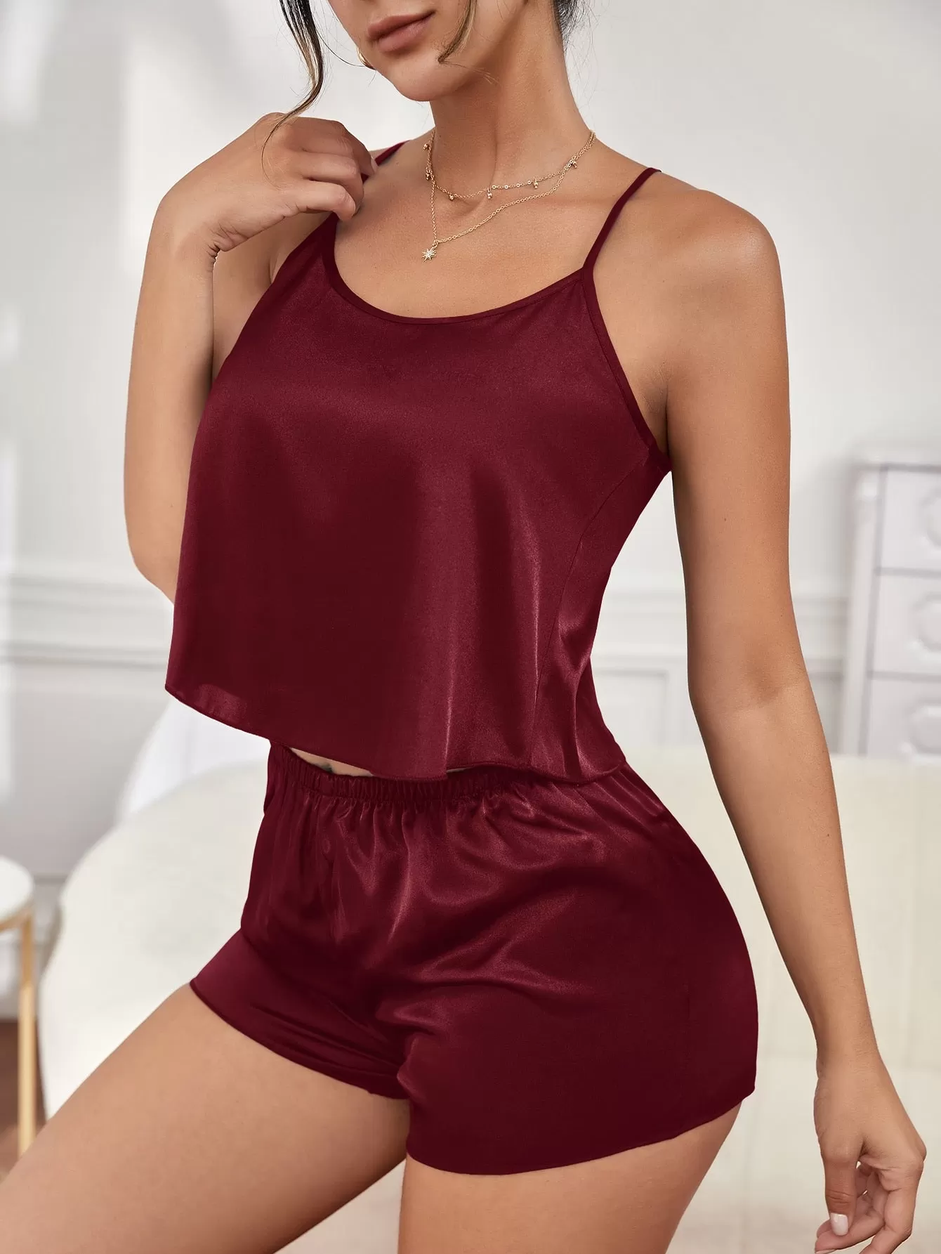 Solid Asymmetrical Hem Satin PJ Set