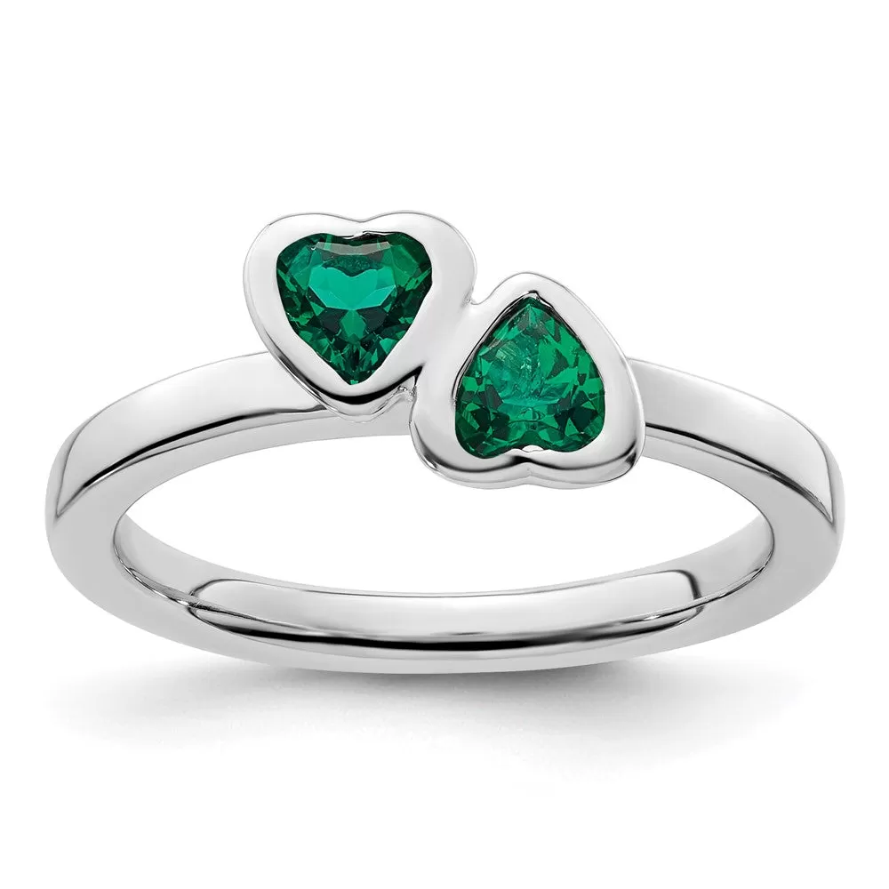 Stackable Expressions Created Emerald Double Heart Ring in Sterling Silver