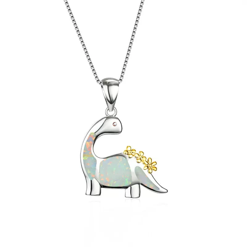 Sterling Silver Opal Dinosaur Pendant Necklace