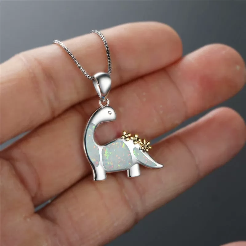 Sterling Silver Opal Dinosaur Pendant Necklace