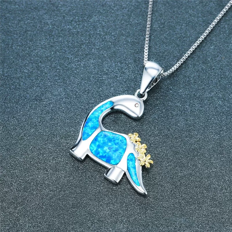 Sterling Silver Opal Dinosaur Pendant Necklace