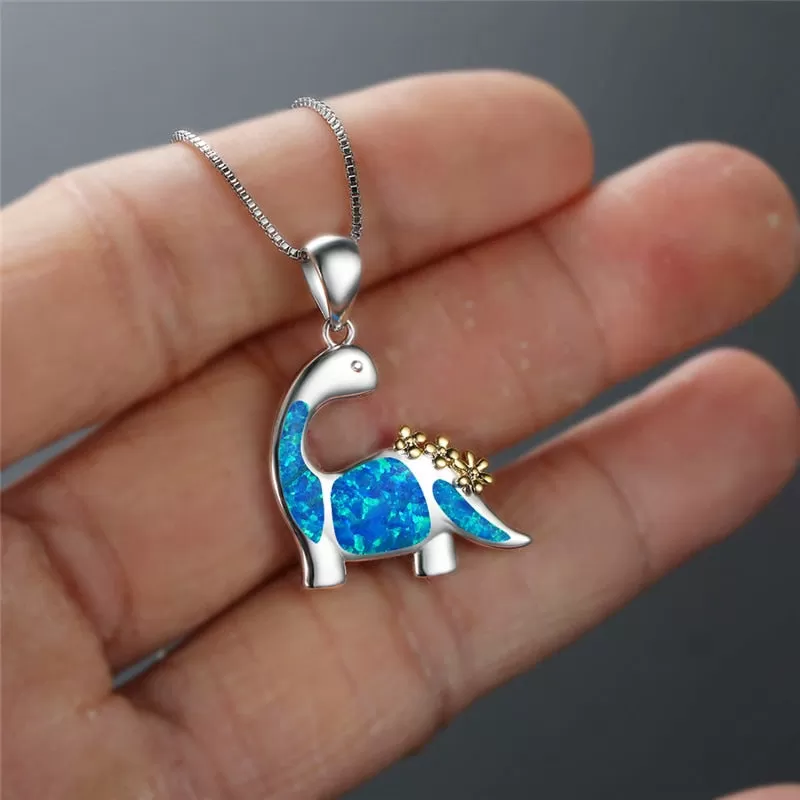 Sterling Silver Opal Dinosaur Pendant Necklace