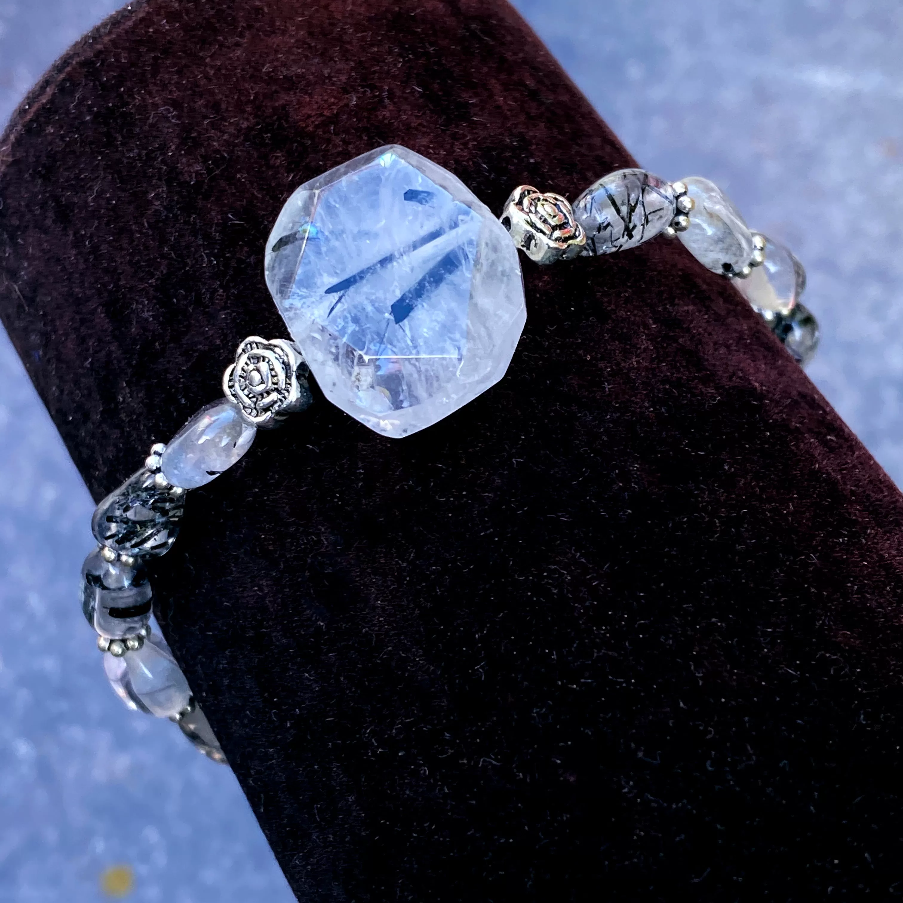 Tourmalated Quartz Gemstone  And Sterling Silver Stretch Bracelet