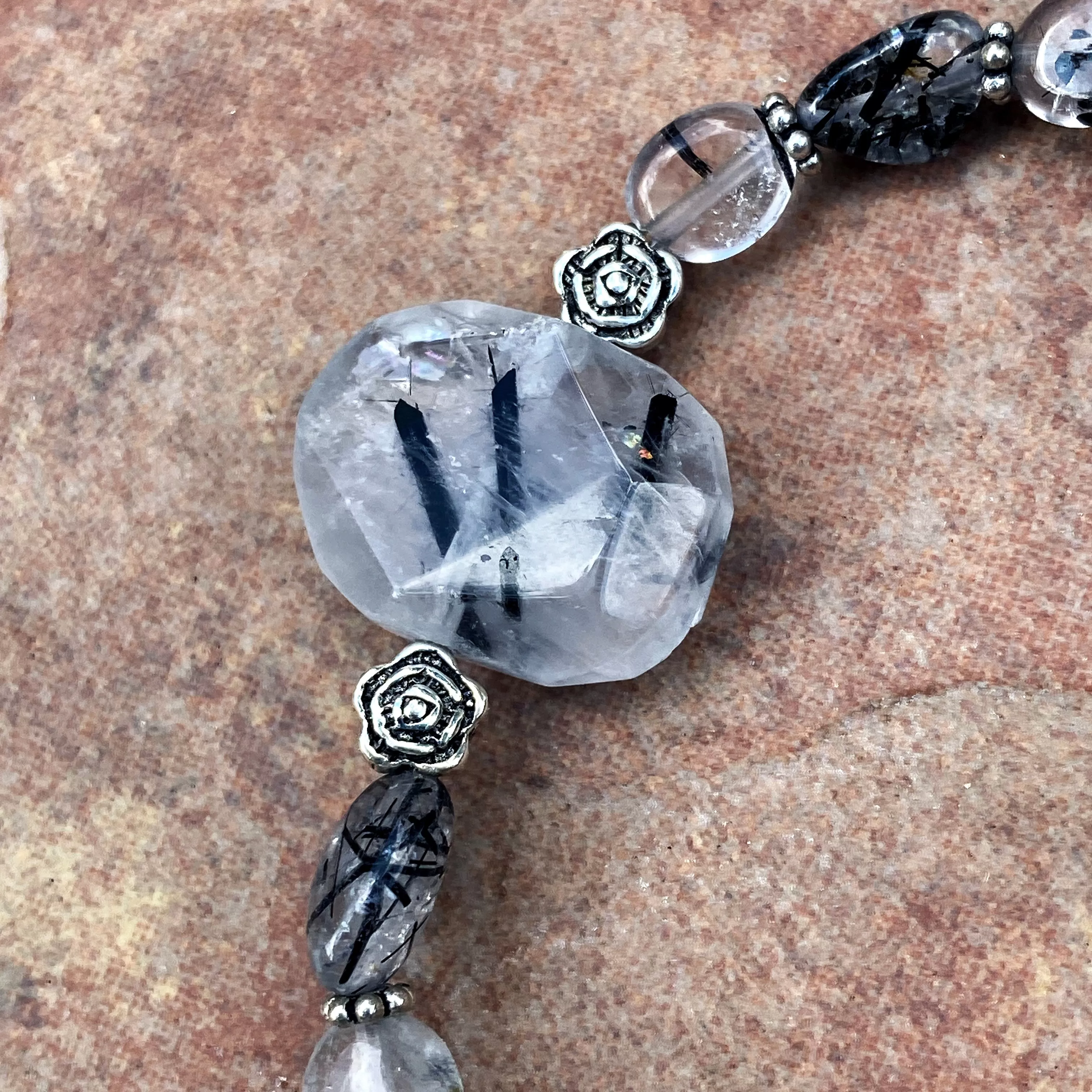 Tourmalated Quartz Gemstone  And Sterling Silver Stretch Bracelet