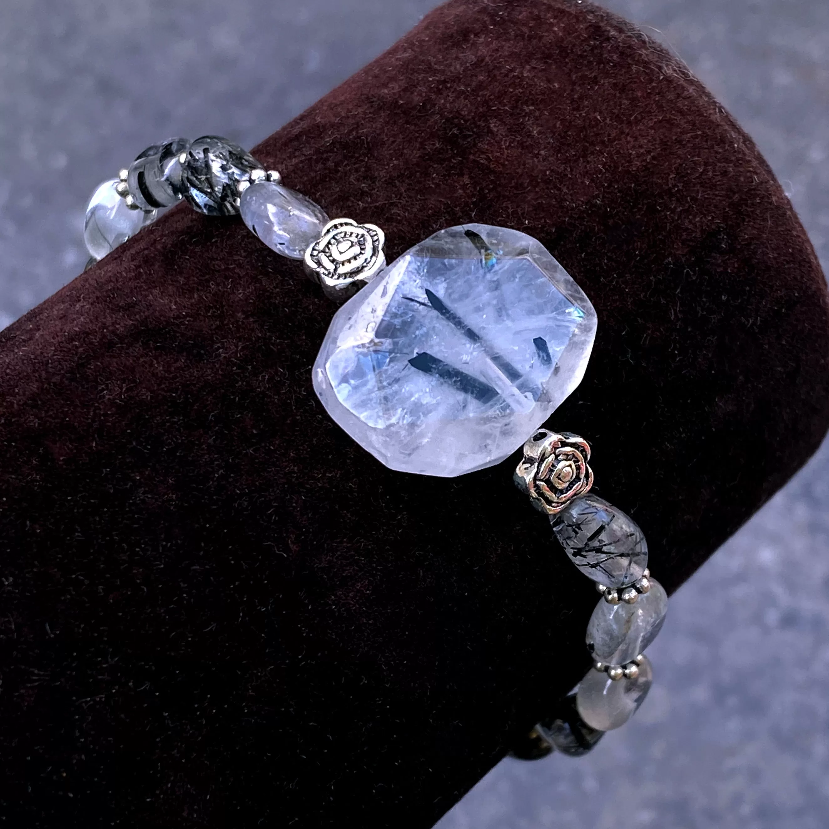 Tourmalated Quartz Gemstone  And Sterling Silver Stretch Bracelet