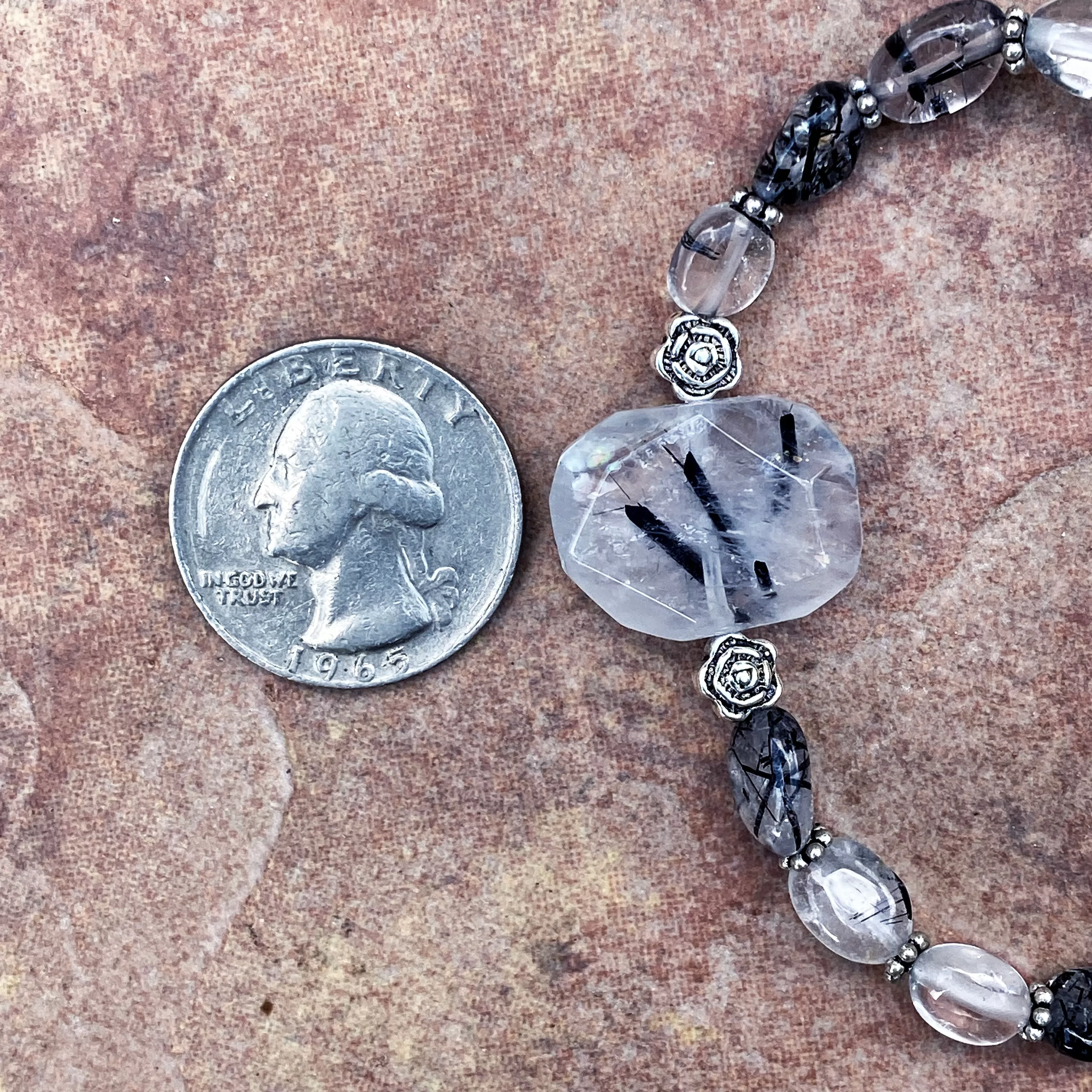 Tourmalated Quartz Gemstone  And Sterling Silver Stretch Bracelet