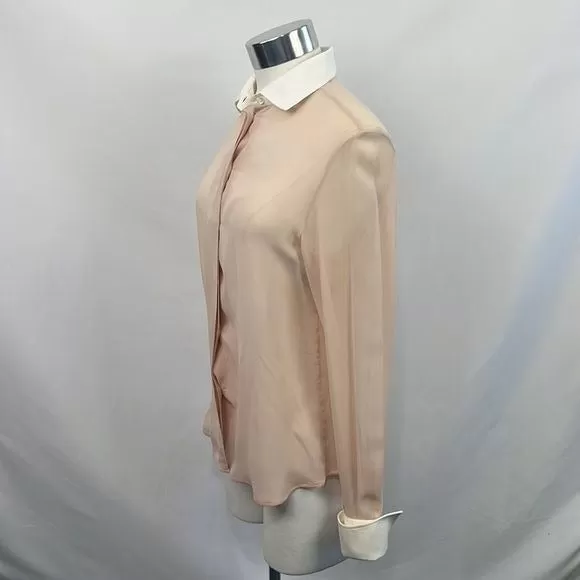 Valentino Sheer Pink Tan Blouse with White Trim Button