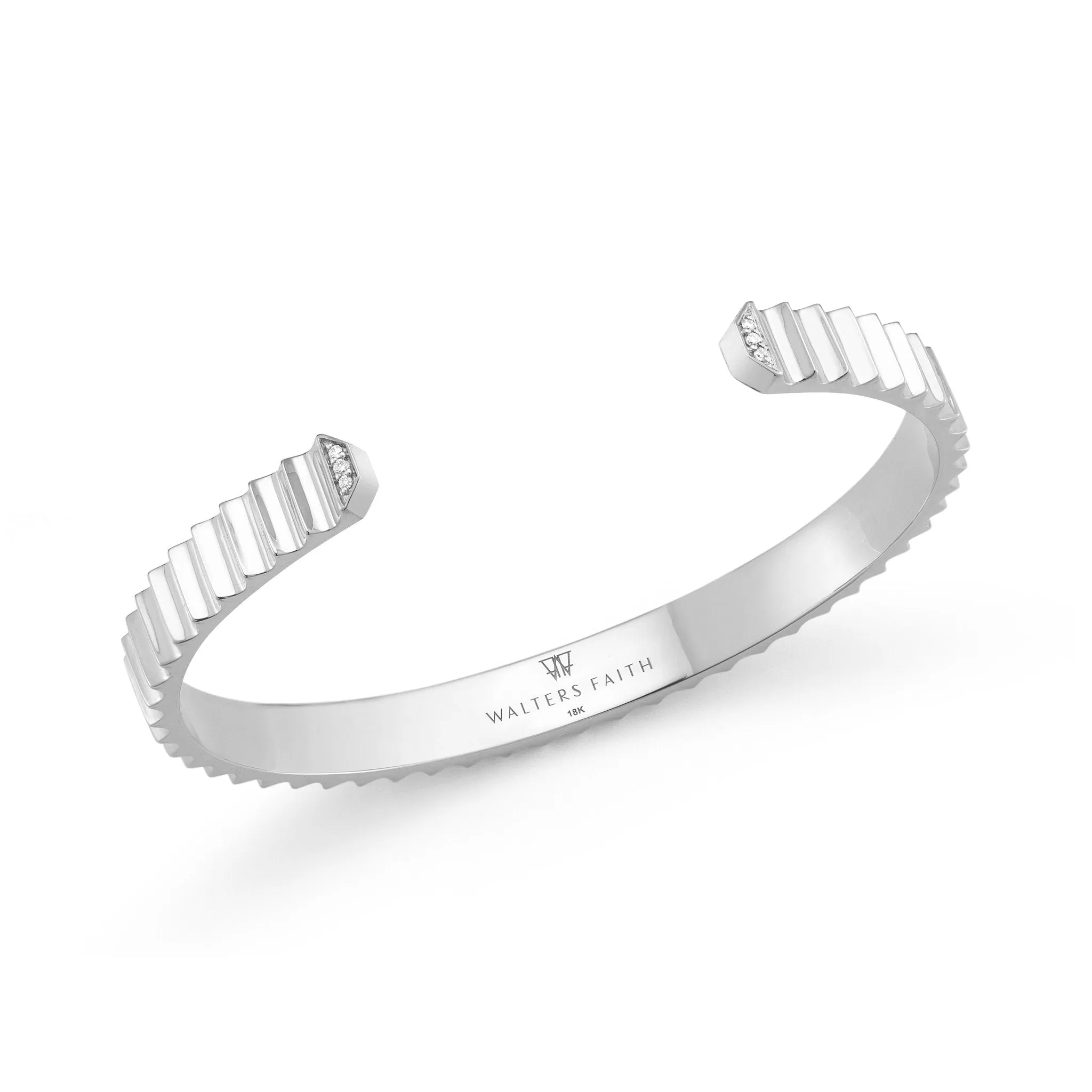 WALTERS FAITH CLIVE 18K WHITE GOLD FLUTED CUFF BRACELET WITH DIAMOND ACCENT EDGE