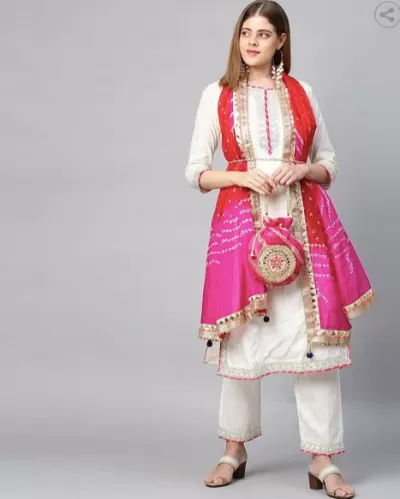 White Cotton Zari Bandhani Dupatta Gotta Suit