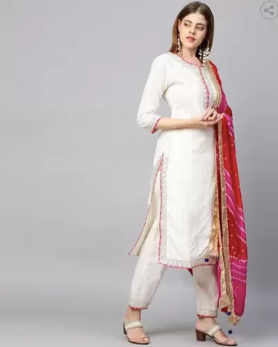 White Cotton Zari Bandhani Dupatta Gotta Suit