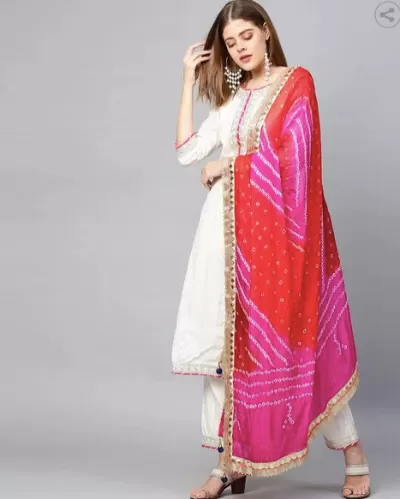 White Cotton Zari Bandhani Dupatta Gotta Suit