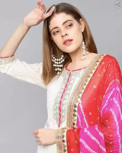 White Cotton Zari Bandhani Dupatta Gotta Suit