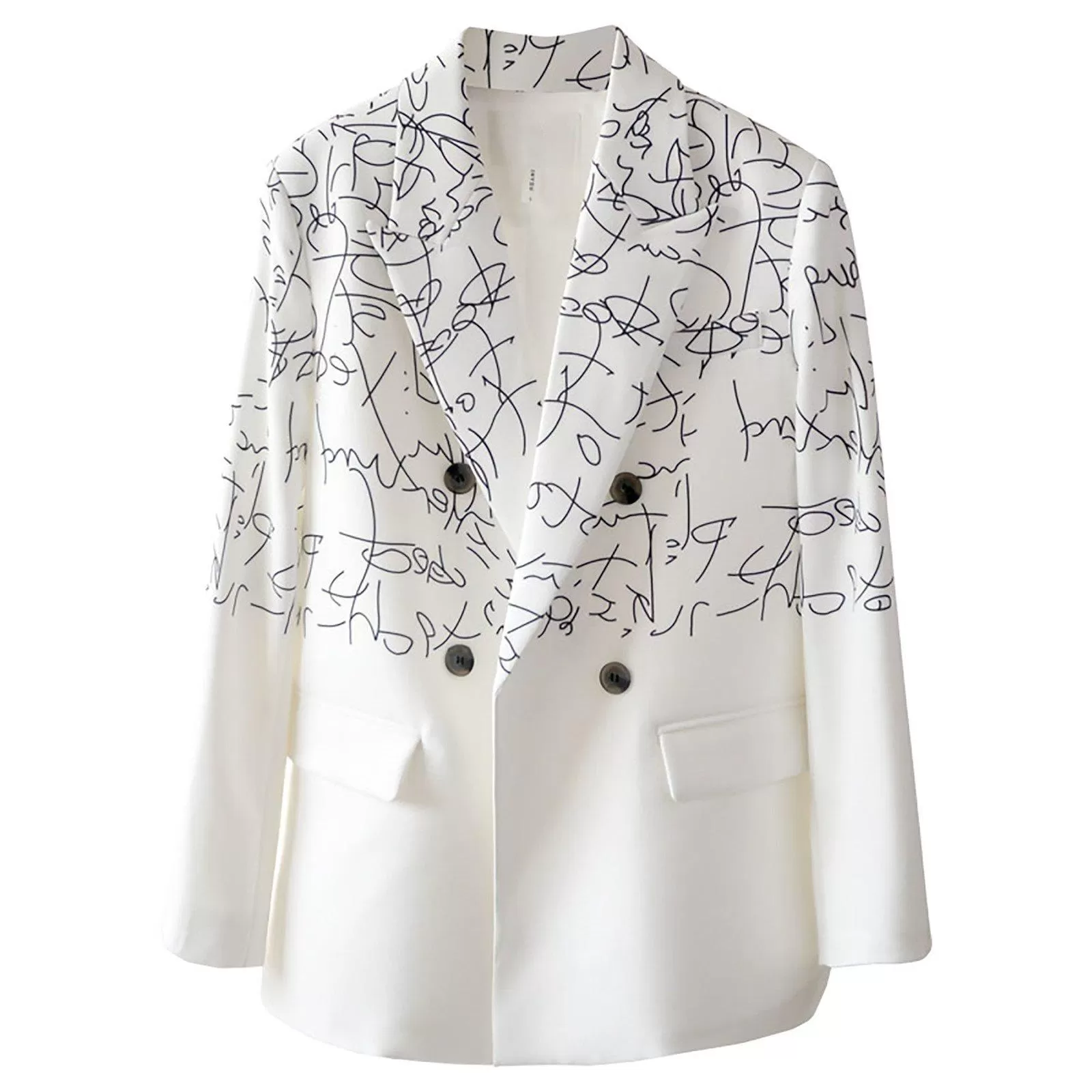 White Doodle Blazer & Crop Leg Pants Two-Piece Suit