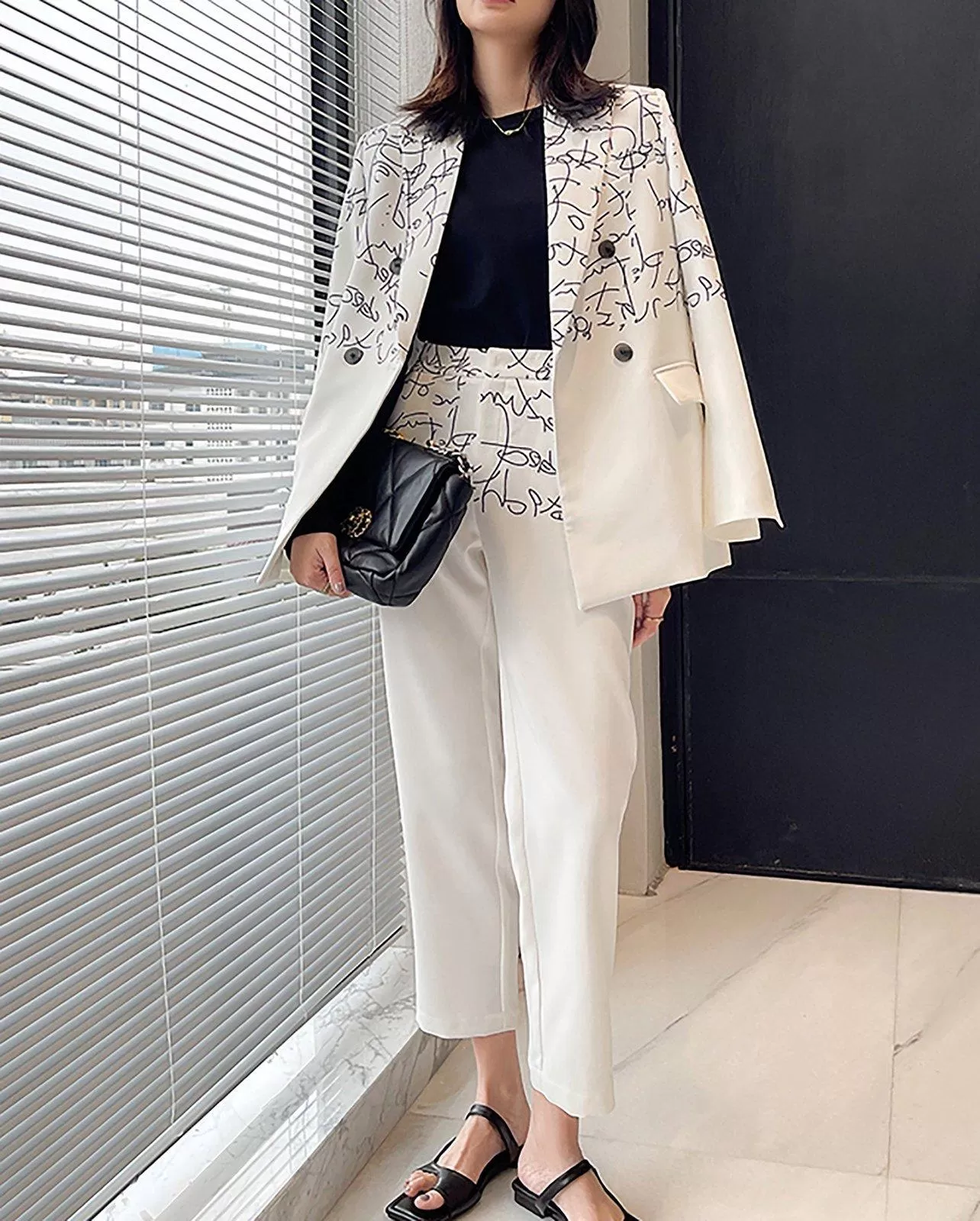 White Doodle Blazer & Crop Leg Pants Two-Piece Suit