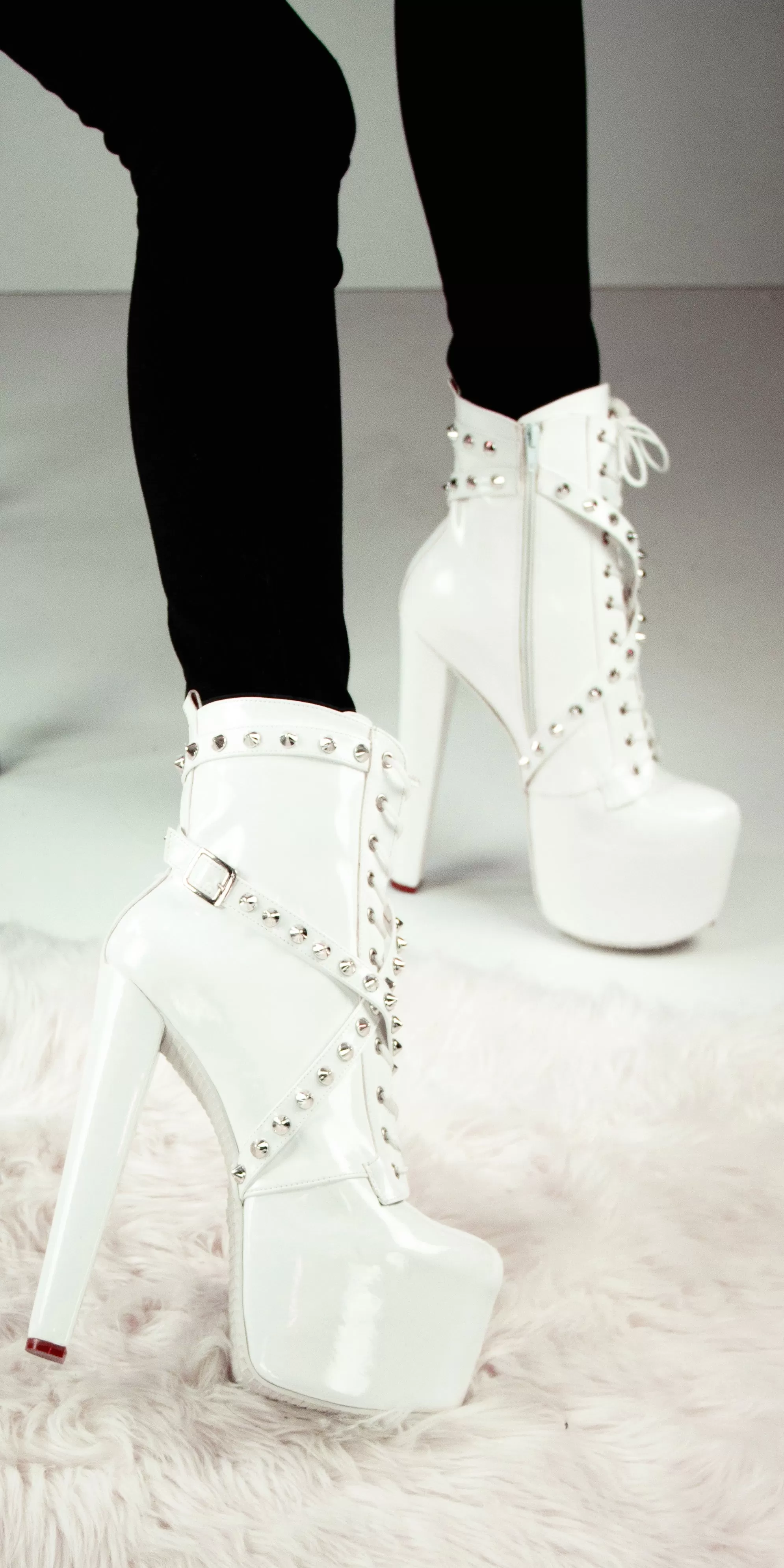 White Gloss Spike Studs High Heel Rocker Boots