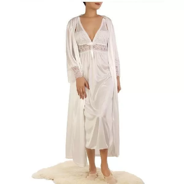 Women Nightwear Full Length Three Piece Nighty and Full Sleeves Gown Womens White Nighty