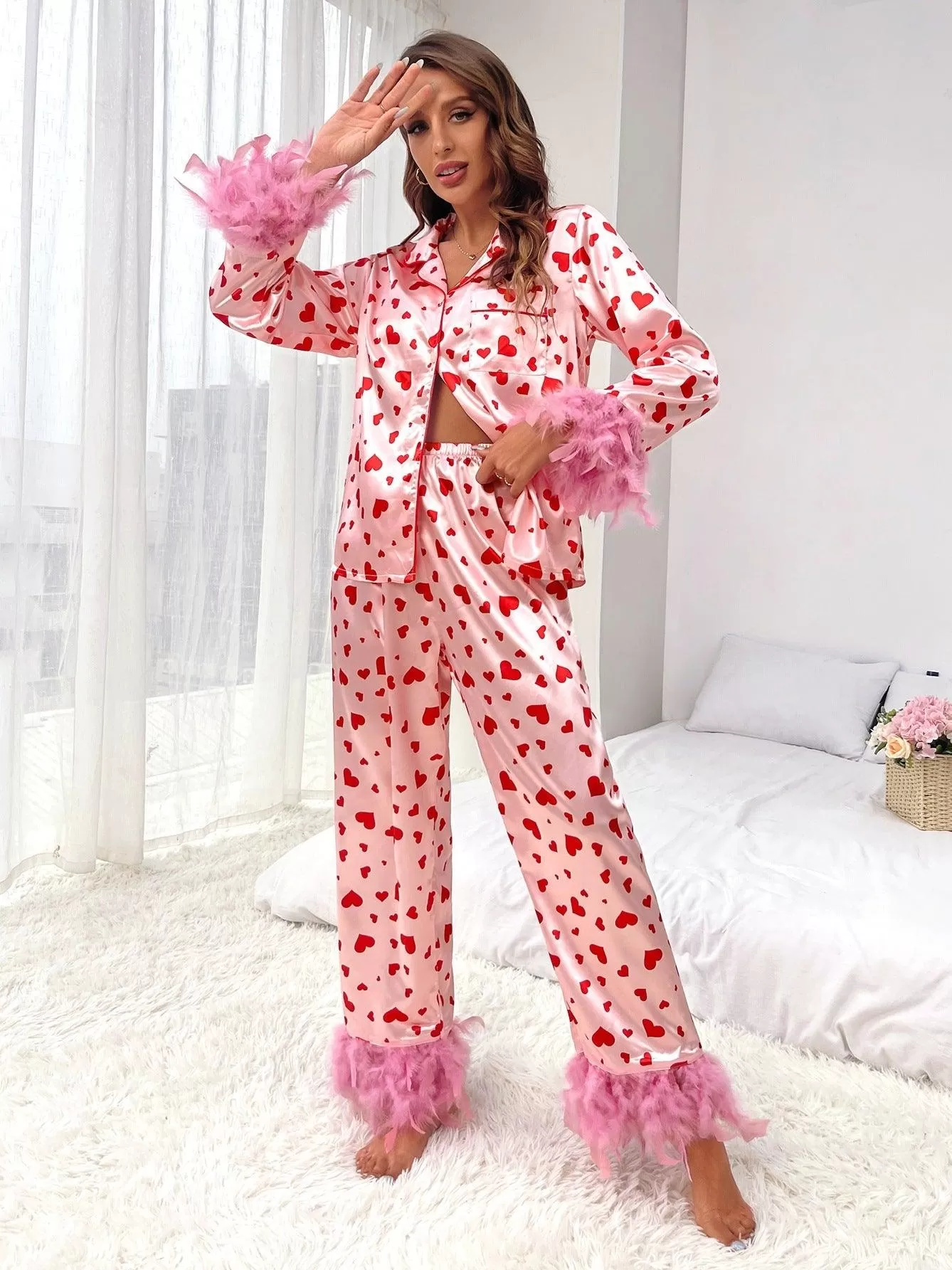 Women's Clothing Valentine's Day Sweet Loving Heart Printed Casual Suit Pajamas