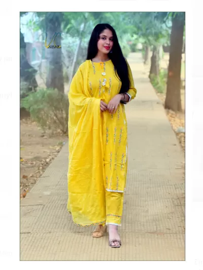 Yellow Embroidery Cotton Salwar Set of 3