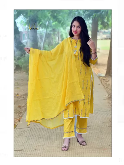 Yellow Embroidery Cotton Salwar Set of 3