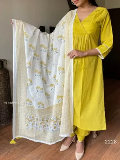 Yellow Pintex Cotton Afghani Style Salwar Suit Set